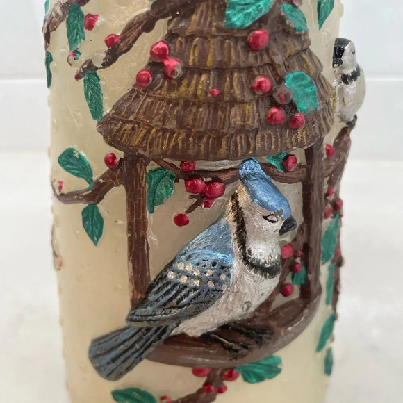 Vintage Christmas Pillar Candle with 3D Birds, Winter Tree & Berry Design - Picture 6 of 9